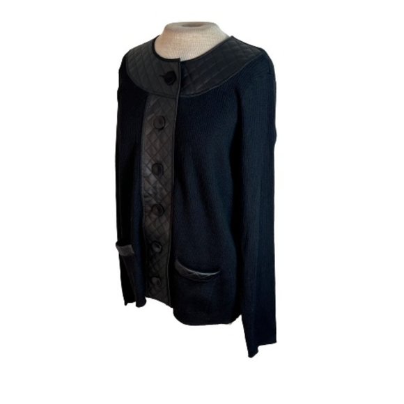 Chico's Sweaters - Chicos Faux Quilted Leather Trim Sweater Cardigan Black XL